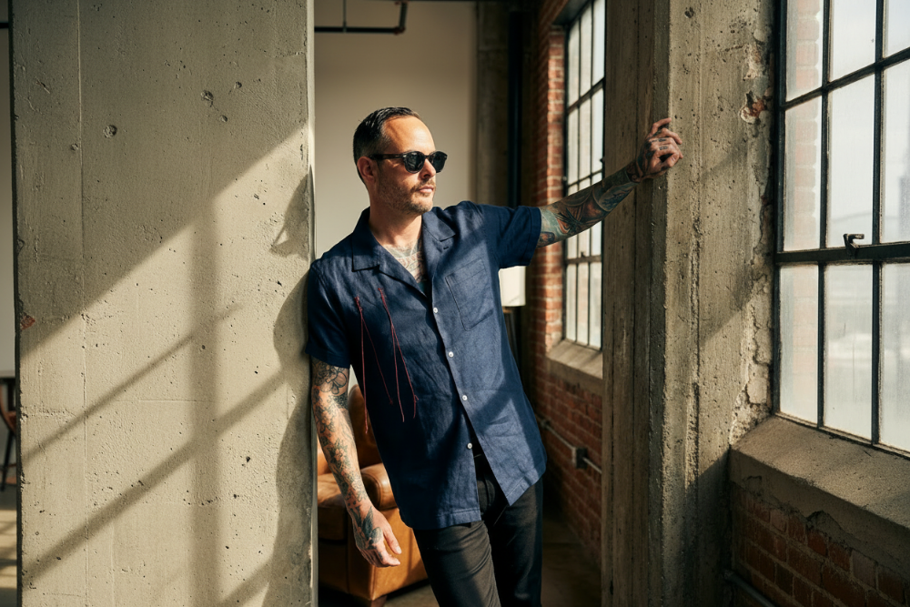 Man with tattoos wearing sunglasses and a blue shirt leaning against a wall.